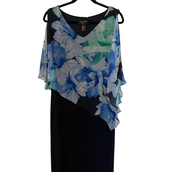 Frank Lyman floral chiffon overlay dress, navy blue w/colorful overlay, size 8 - Picture 5 of 7